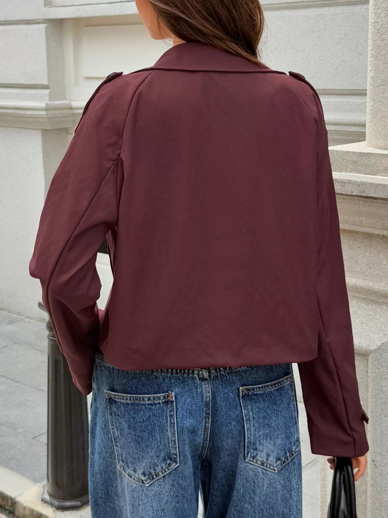 Cropped Double-Breasted Raglan Sleeve Jacket Trendsi