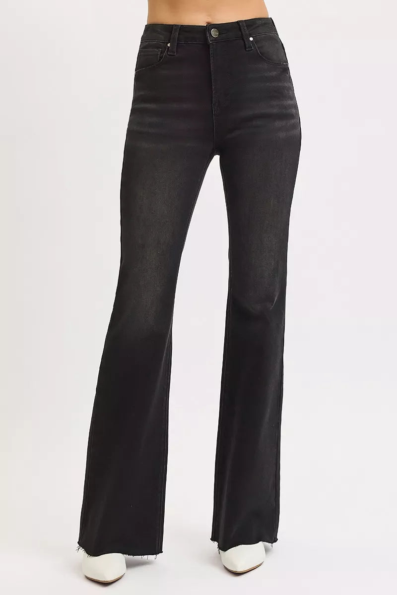 RISEN Full Size High Rise Flare Raw Cut Hem Jeans Plus Size OutfitFlow