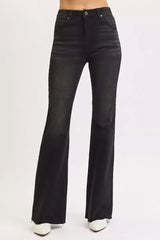 RISEN Full Size High Rise Flare Raw Cut Hem Jeans Plus Size OutfitFlow