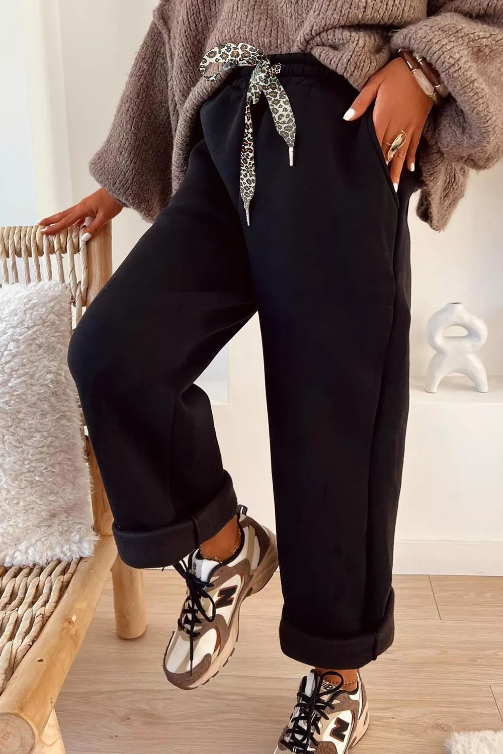 High-Waisted Straight Pants with Drawstring Black OutfitFlow