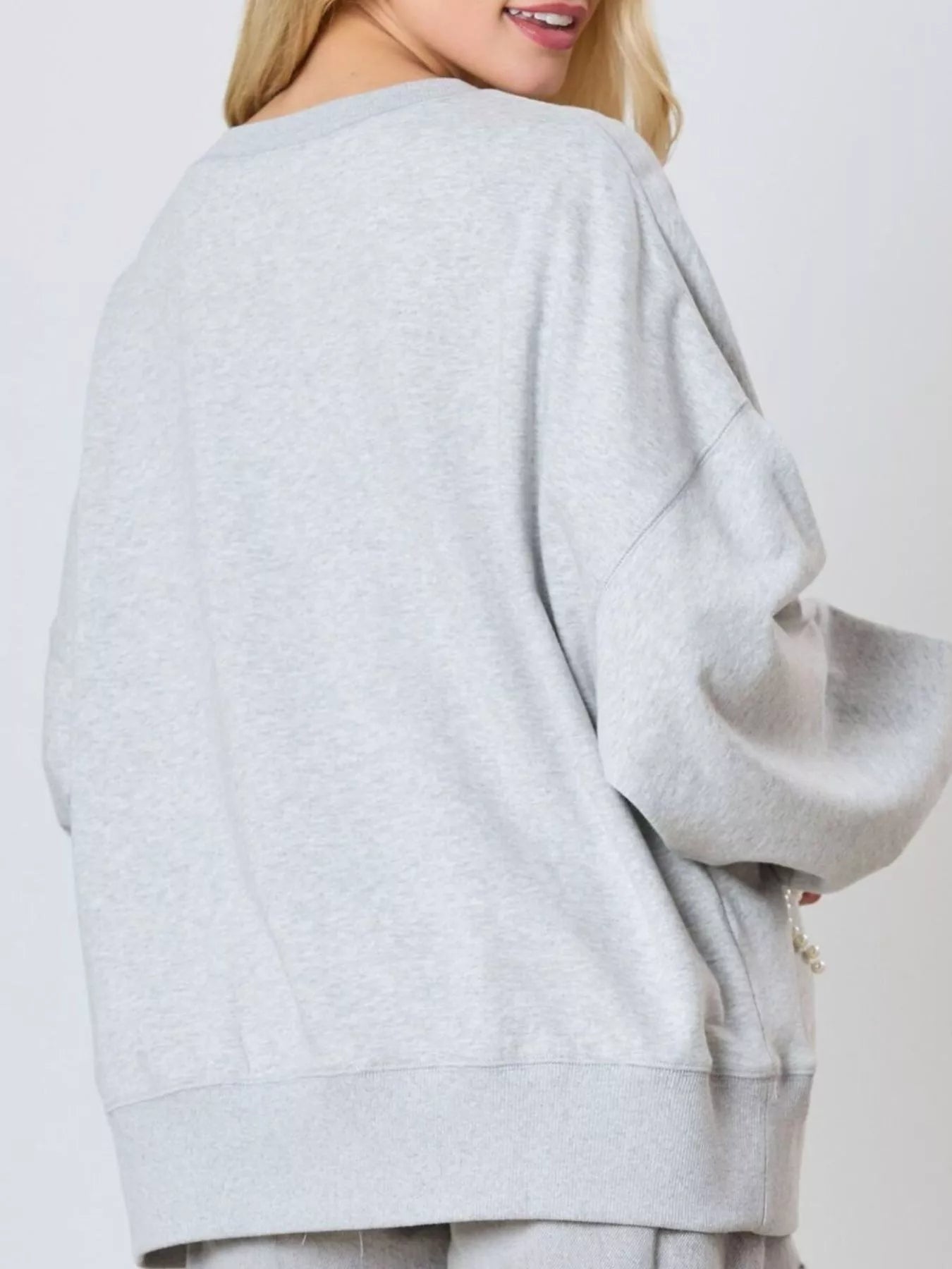 Pearl Embellished Bow Long Sleeve Sweatshirt OutfitFlow