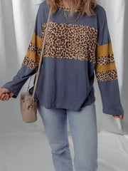 Leopard Color Block Long Sleeve Drop Shoulder Top OutfitFlow