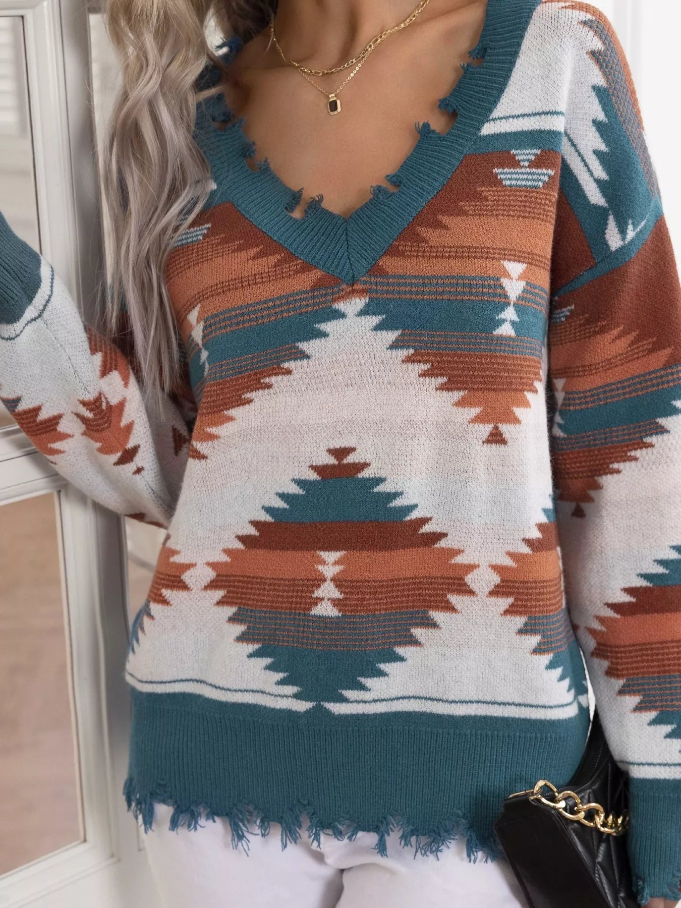 Geometric Frayed Hem V-Neck Long Sleeve Sweater OutfitFlow