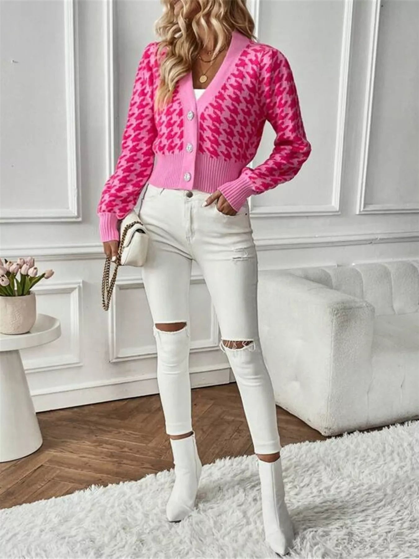 Houndstooth V-Neck Button Up Cardigan OutfitFlow