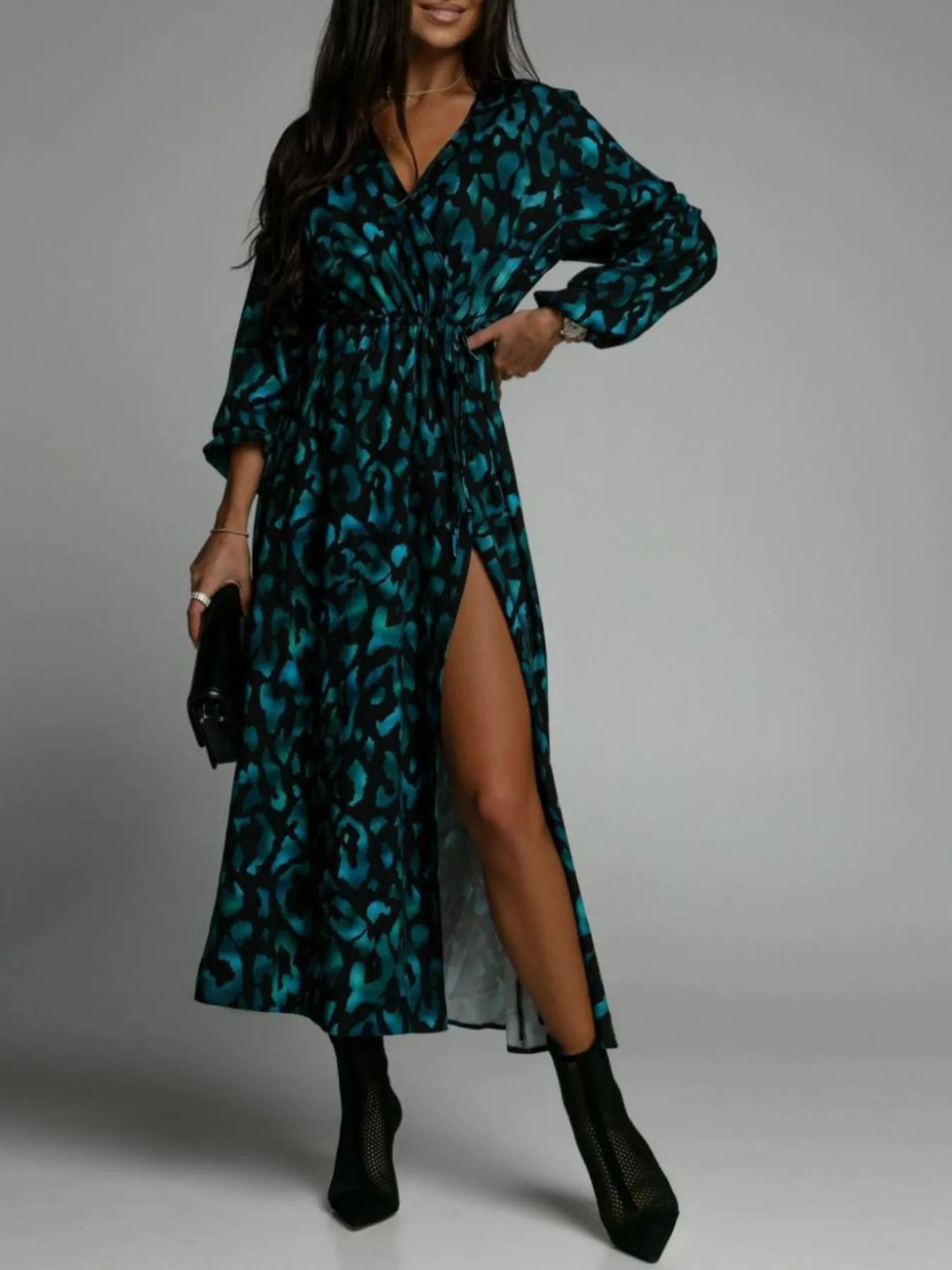 Printed Surplice Long Sleeve Midi Dress OutfitFlow