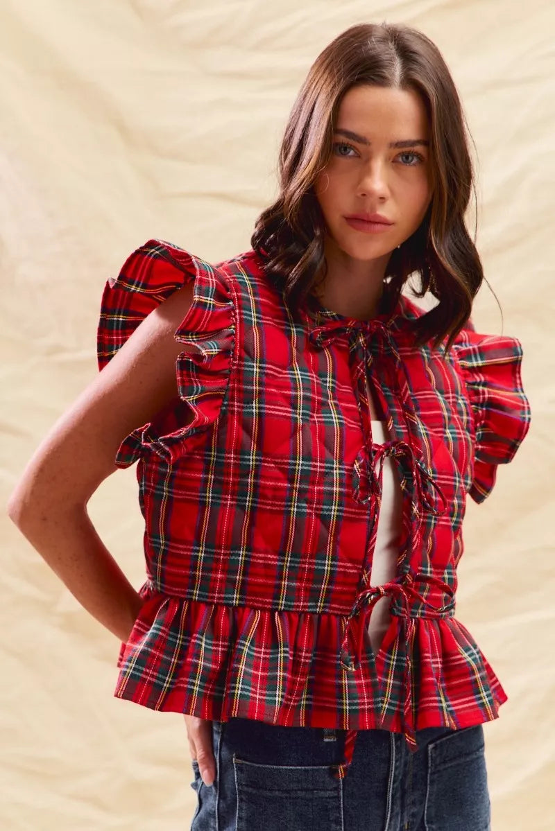 SO ME Christmas Holiday Plaid Ruffled Quilt Vest Top Trendsi