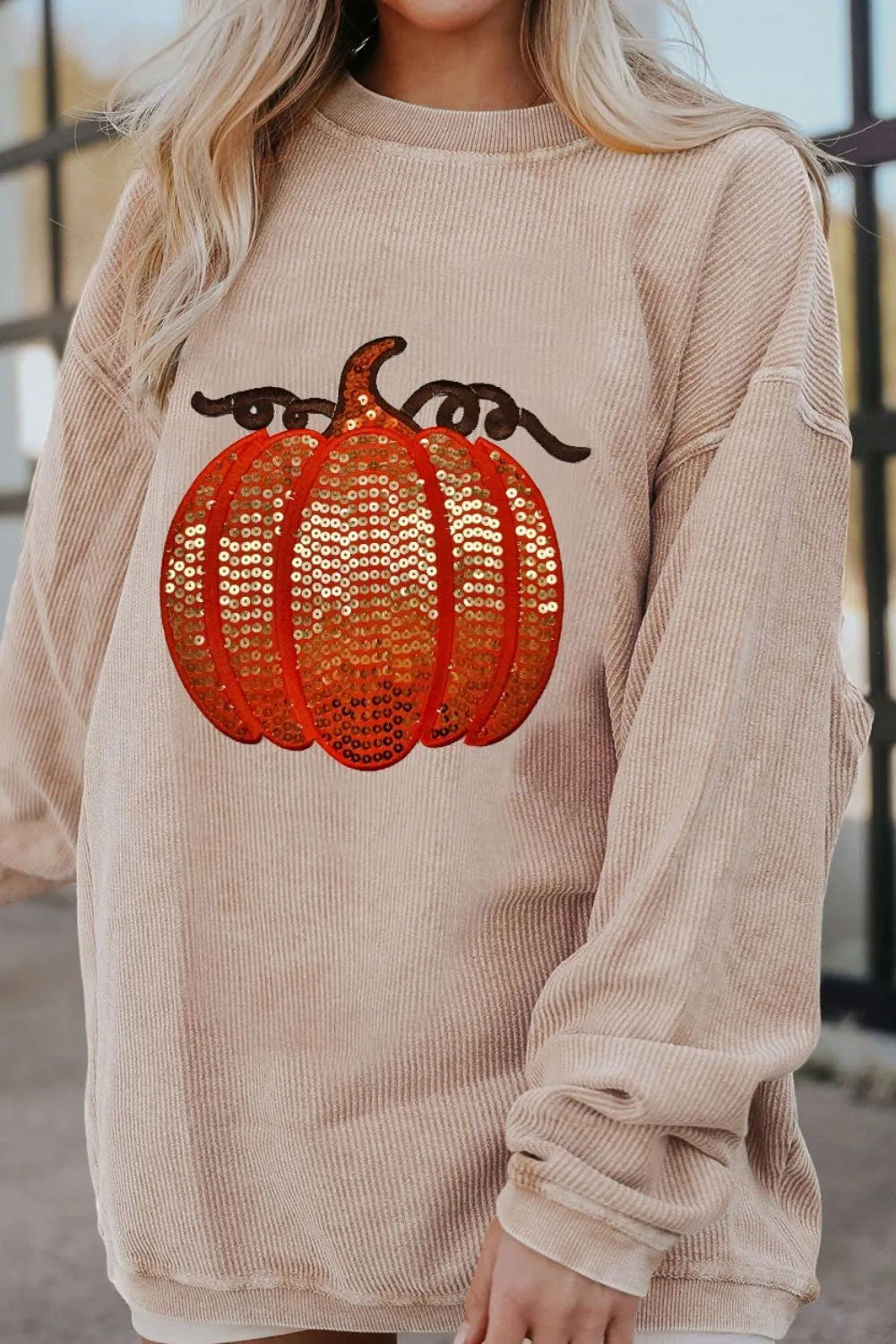 Sequin Pumpkin Round Neck Long Sleeve Sweatshirt Eggshell OutfitFlow