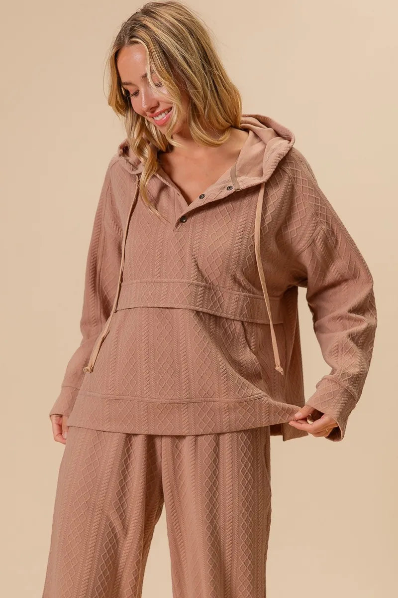 BiBi Textured Knit Buttoned Hoodie Top OutfitFlow