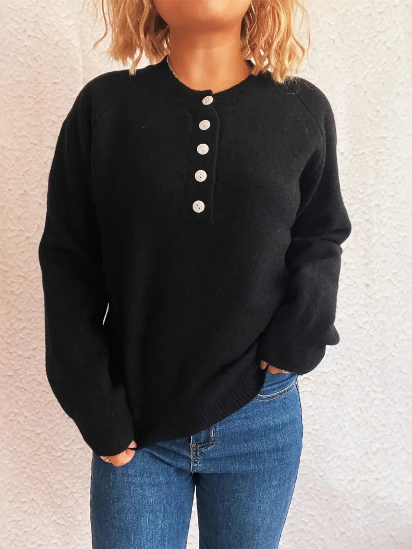 Button-Front Long Sleeve Sweater OutfitFlow