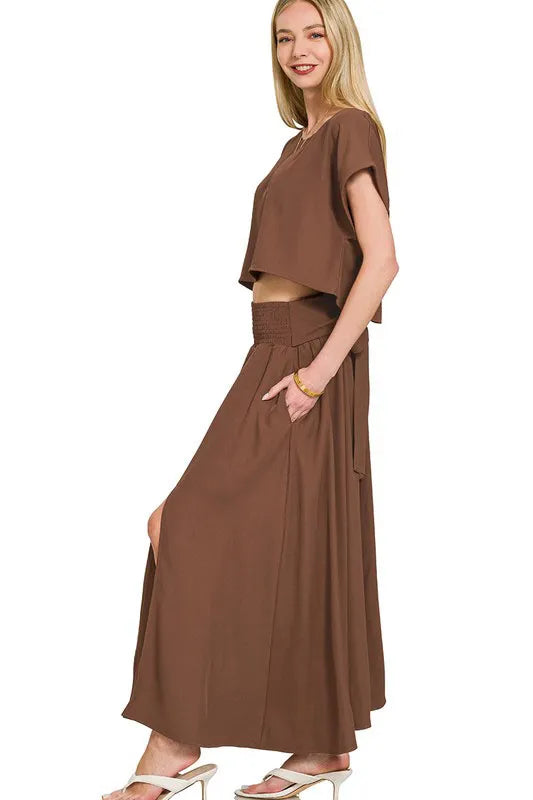 Zenana Heavy Woven Span Crop Tee & Skirt Set OutfitFlow