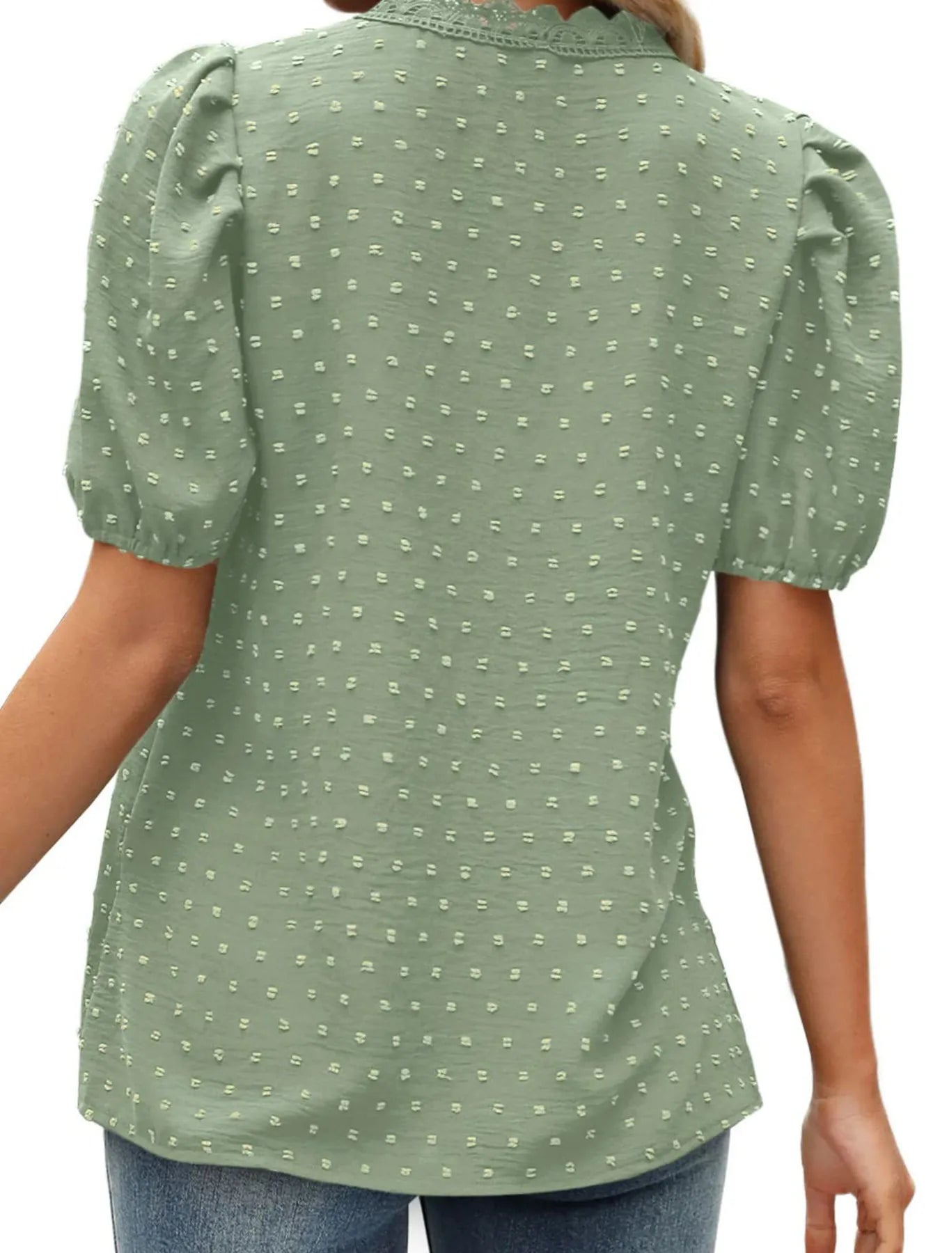 Puff Sleeve Swiss Dot Lace Trim Blouse OutfitFlow