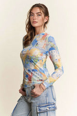 Davi & Dani Multi Printed Mesh Round Neck Long Sleeve Top OutfitFlow