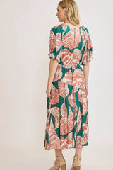 Umgee Full Size Printed Notched Puff Sleeve Midi Dress Plus Size OutfitFlow