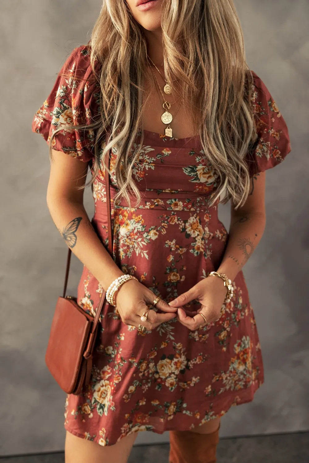 Floral Puff Sleeve Square Neck Knot Open Back Mini Dress OutfitFlow