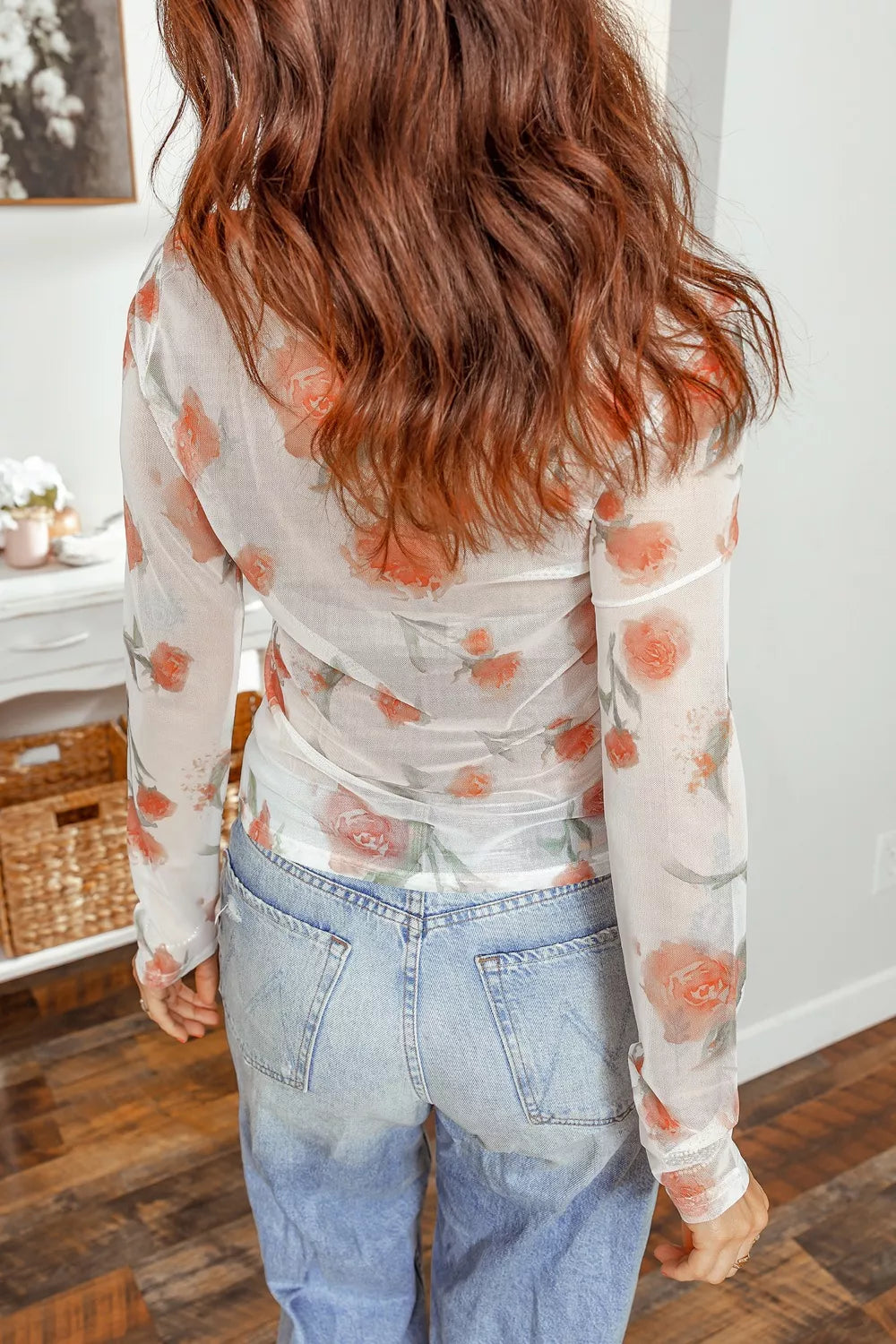 Floral Print Sheer Mesh Long Sleeve T-Shirt Trendsi