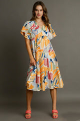 Umgee Full Size Abstract Print Flutter Sleeve Frill Tiered Midi Dress Plus Size OutfitFlow