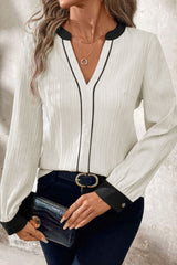 Outfit Flow - Contrast Notched Long Sleeve Blouse