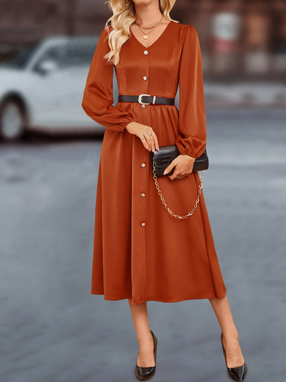 V-Neck Balloon Sleeve Midi Dress OutfitFlow