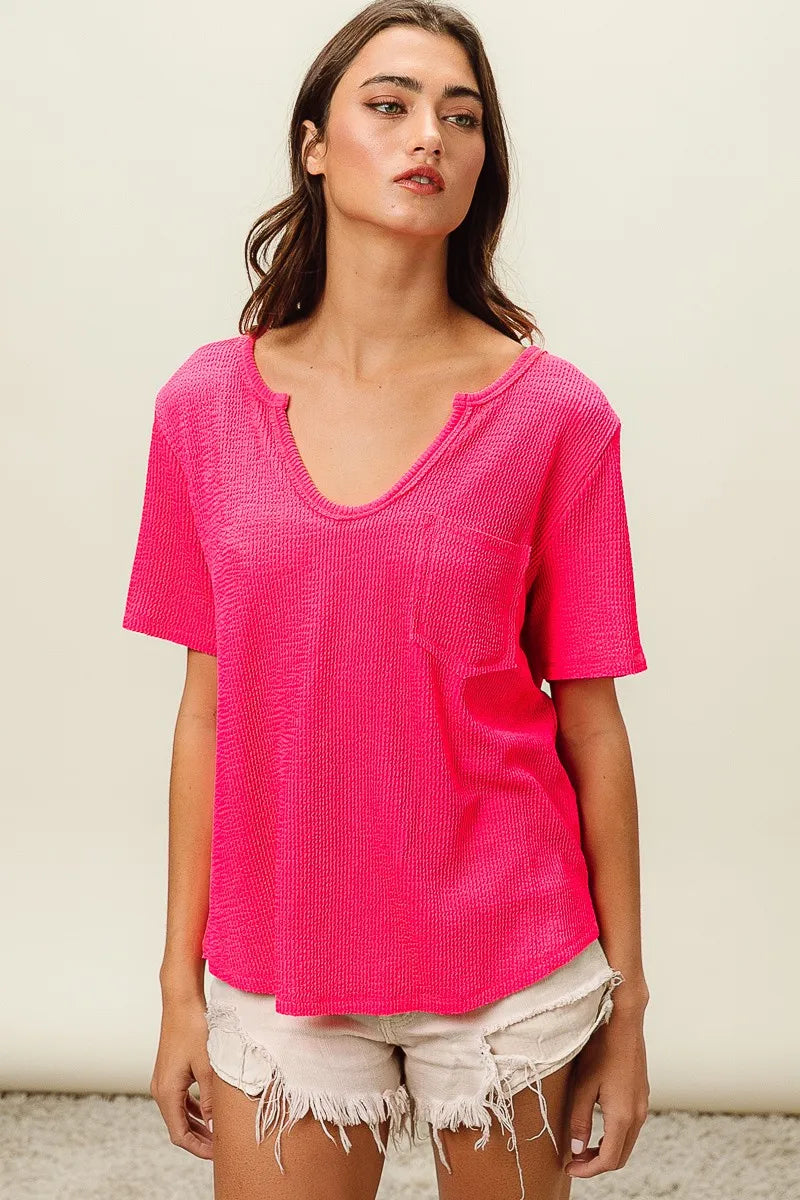 BiBi Waved Rib U Neck Top With Front Pocket OutfitFlow