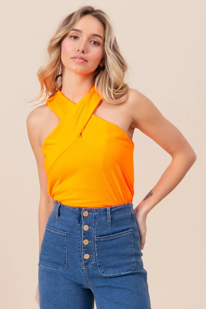 BiBi Rib Knit Cross Neck Banded Top NEON ORANGE OutfitFlow