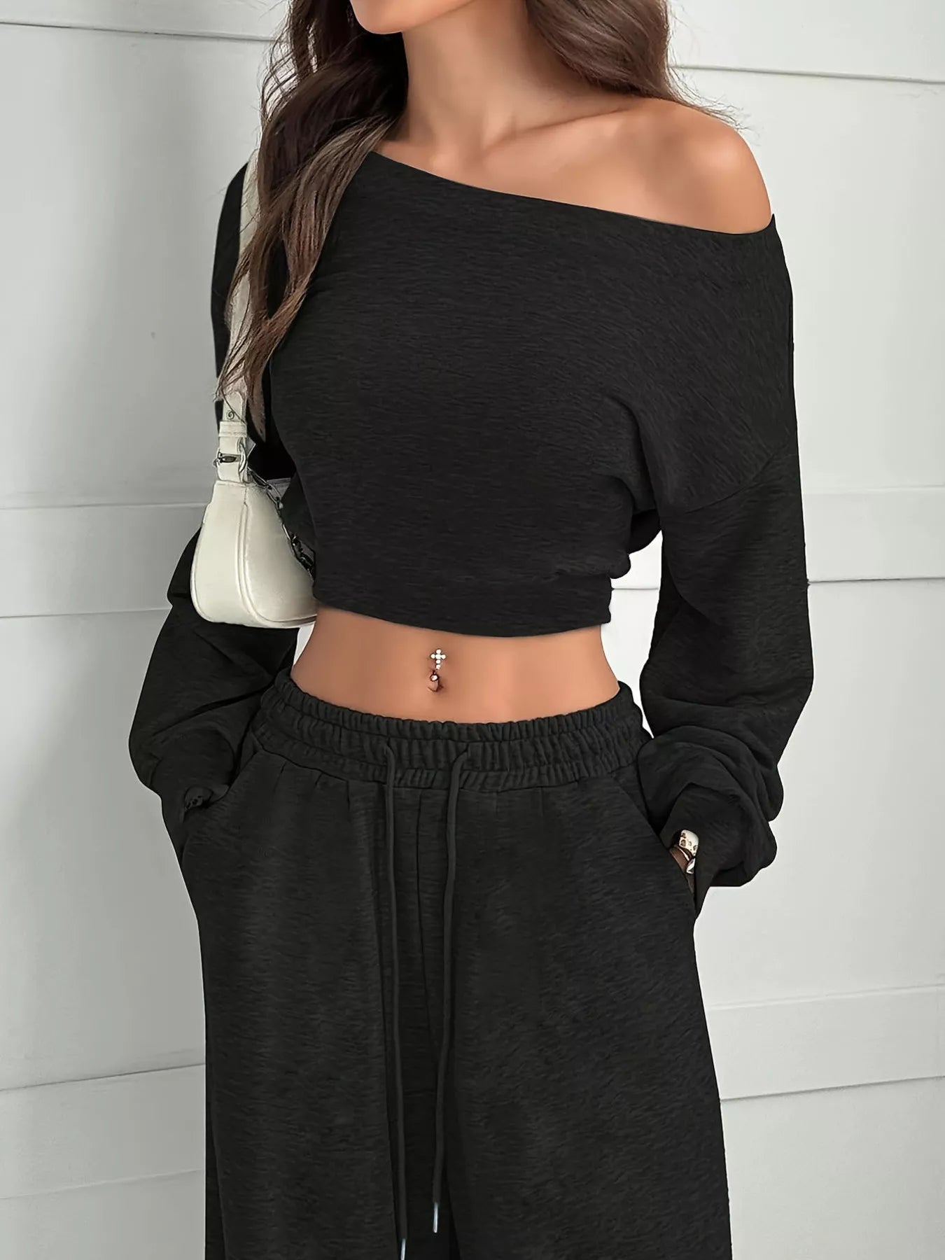Boat Neck Long Sleeve Top and Pants Set OutfitFlow
