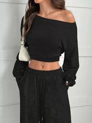 Boat Neck Long Sleeve Top and Pants Set OutfitFlow