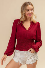 BiBi Smoking Waist Band and Puff Sleeves Deep V Neck Top OutfitFlow
