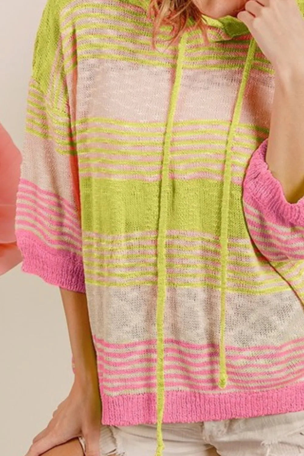 BiBi Short Sleeve Stripe Low Gauge Knit Hoodie OutfitFlow