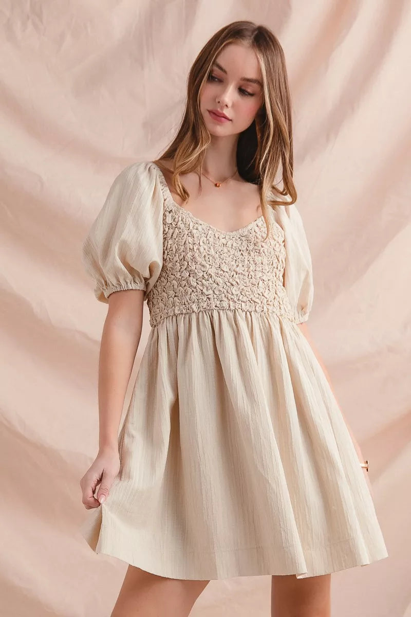 SO ME Textured Woven Daily Dress with Puff Sleeves DUSTY PINK Trendsi