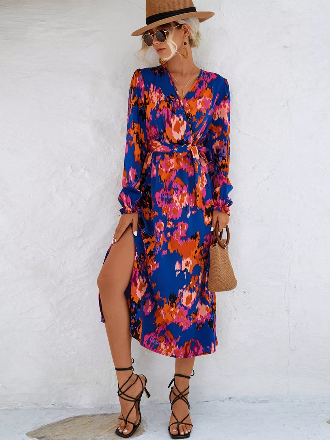 Printed Surplice Long Sleeve Midi Dress OutfitFlow