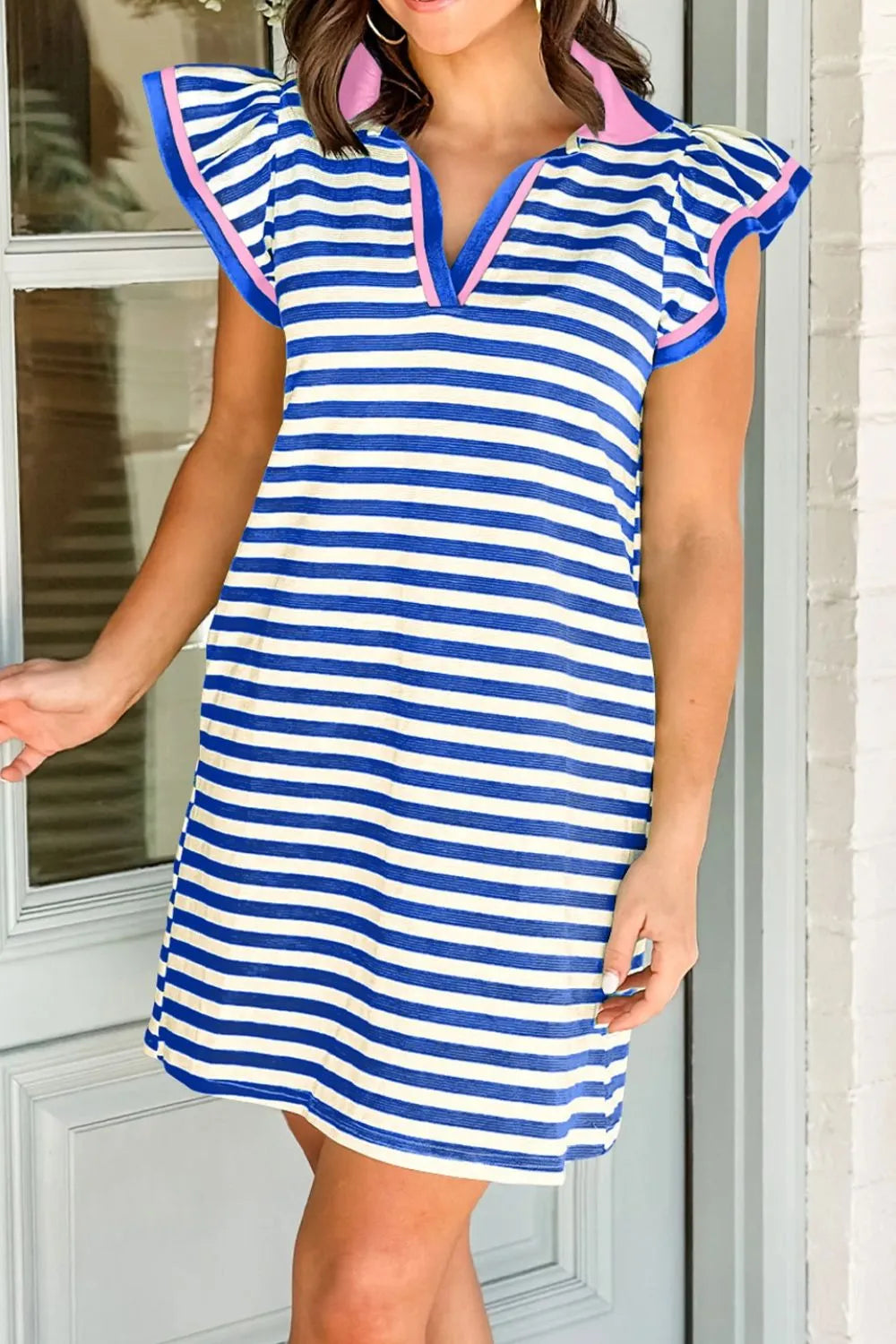 Stripe Print Contrast Collar Split Neck Flutter Sleeve Dress Dusty Blue OutfitFlow