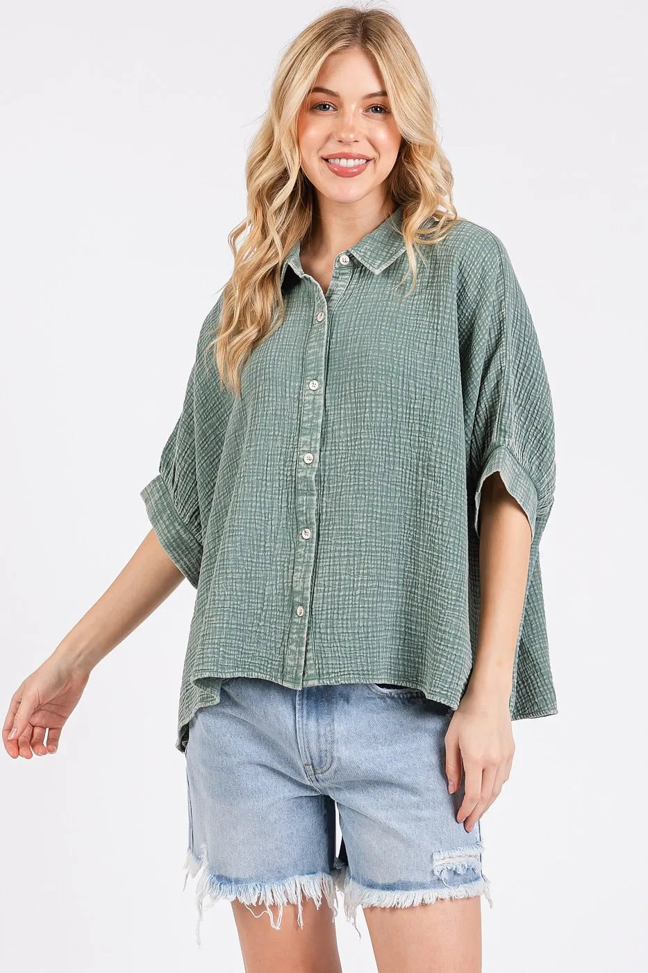Mittoshop Mineral Wash Gauze Dolman Sleeve Button Down Shirt OutfitFlow