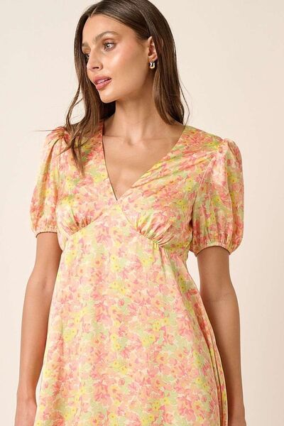 Mittoshop Printed V-Neck Puff Sleeve Mini Dress OutfitFlow