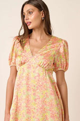 Mittoshop Printed V-Neck Puff Sleeve Mini Dress OutfitFlow