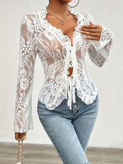 Lace Tied Ruffled V-Neck Long Sleeve Top