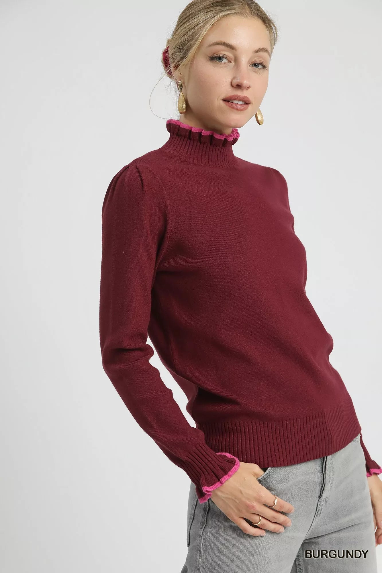 Umgee Ribbed Round Neck Sweater with Ruffle Contrast Trim OutfitFlow