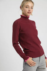 Umgee Ribbed Round Neck Sweater with Ruffle Contrast Trim OutfitFlow