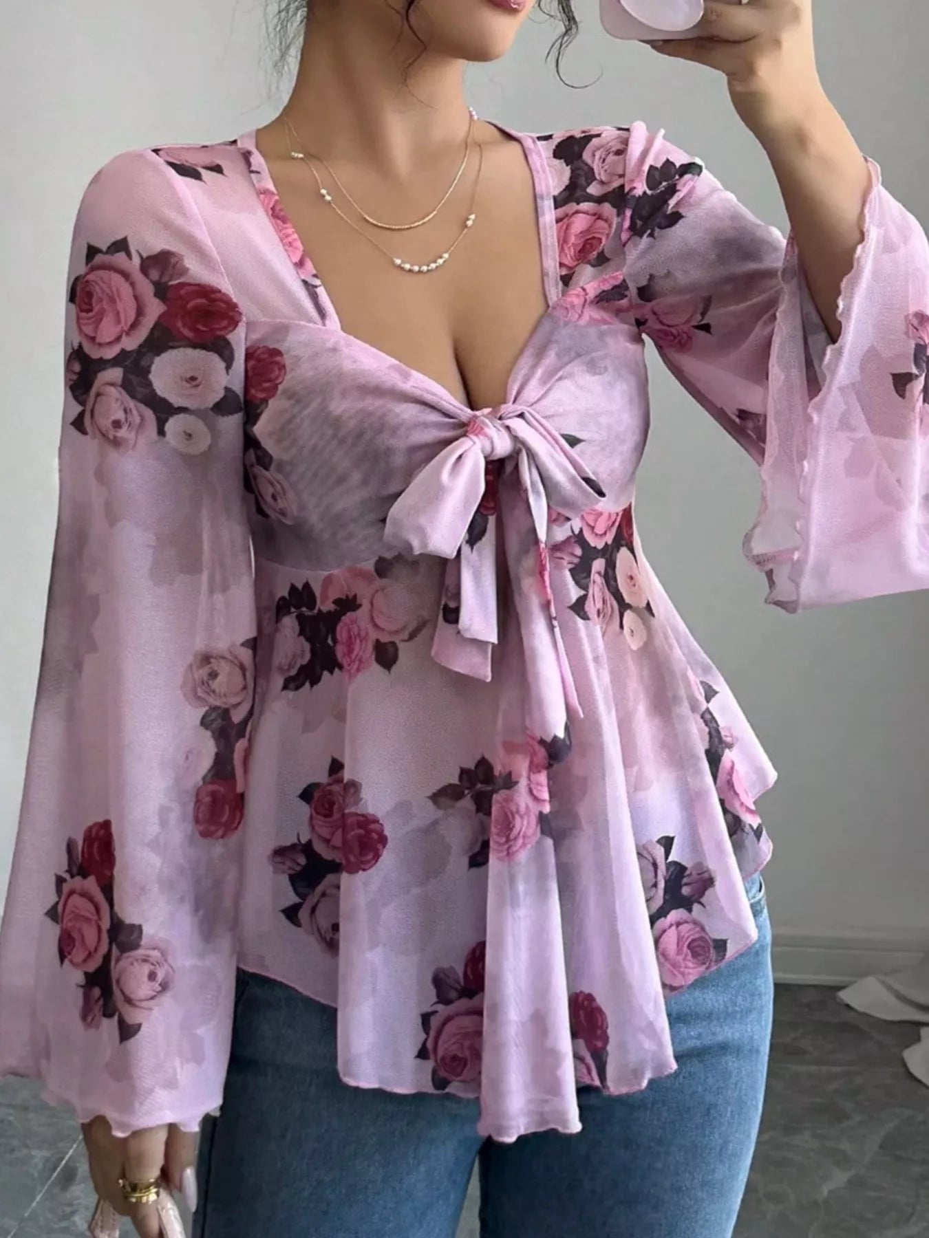 Floral Print Tie Front Flare Sleeve Blouse OutfitFlow