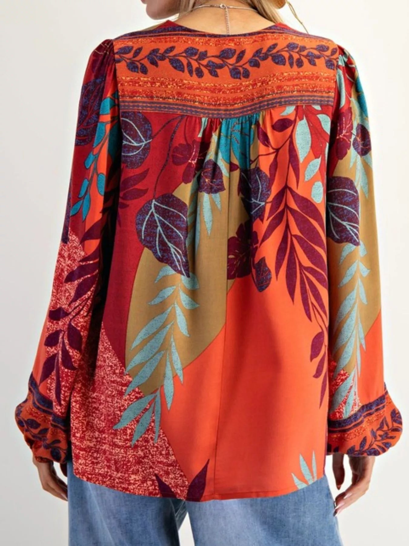Tropical Print Balloon Sleeve Blouse OutfitFlow
