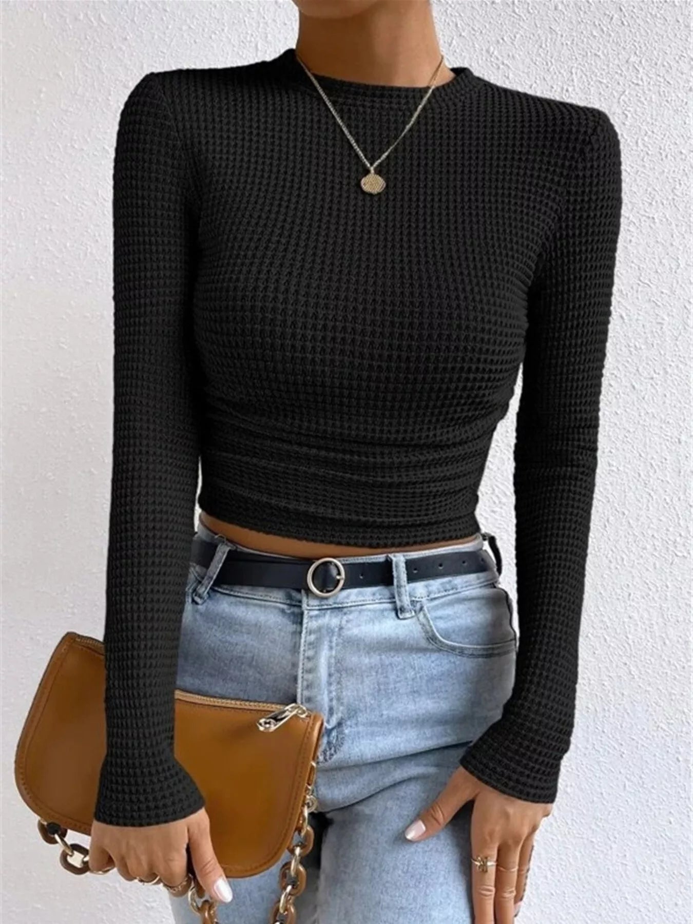 Waffle Knit Long Sleeve T-Shirt Black OutfitFlow
