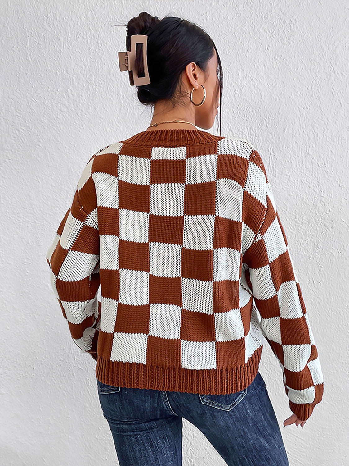 Checkered Round Neck Sweater OutfitFlow