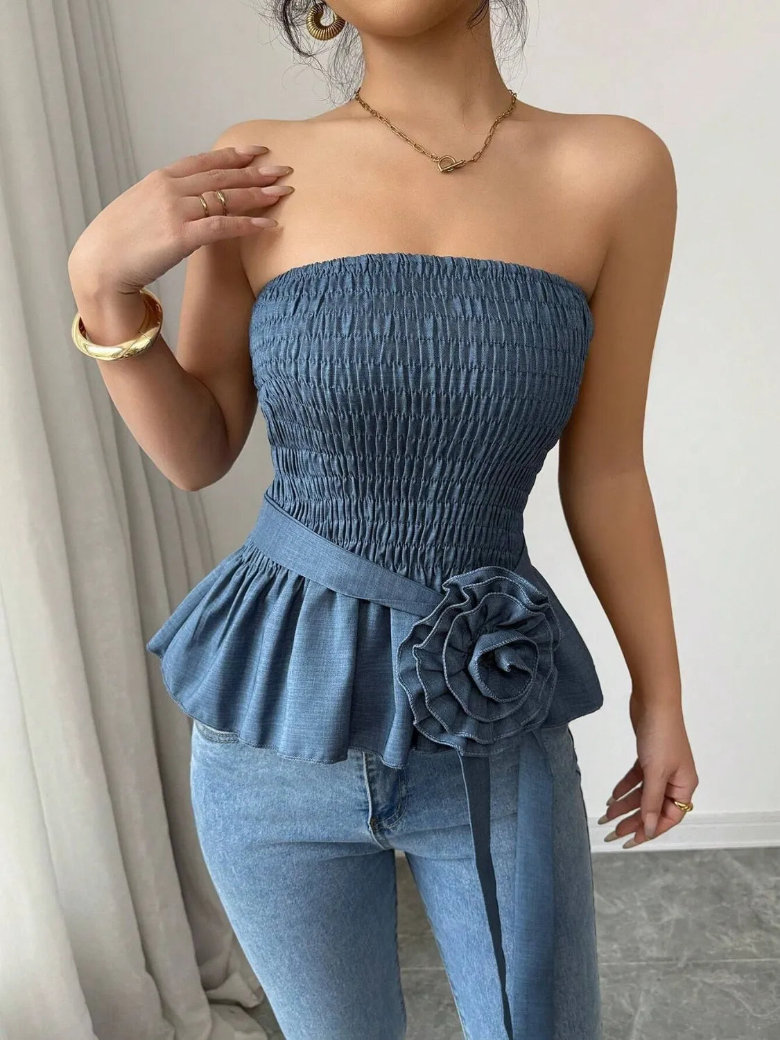 Flower Smocked Tube Top Peacock Blue OutfitFlow