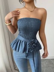 Flower Smocked Tube Top Peacock Blue OutfitFlow
