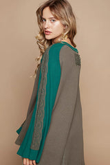 POL Scoop Neck Contrast Long Sleeve Top with Lace Detail Trendsi