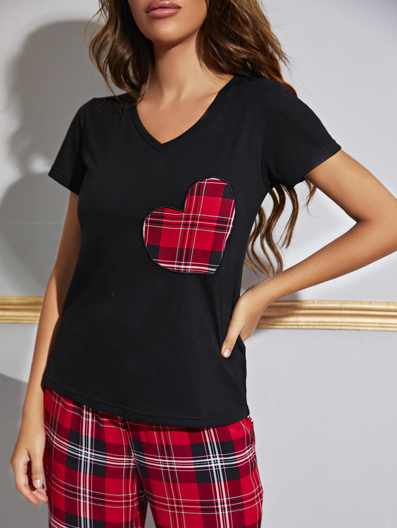 Outfit Flow - Heart Graphic V-Neck Top and Plaid Pants Lounge Set