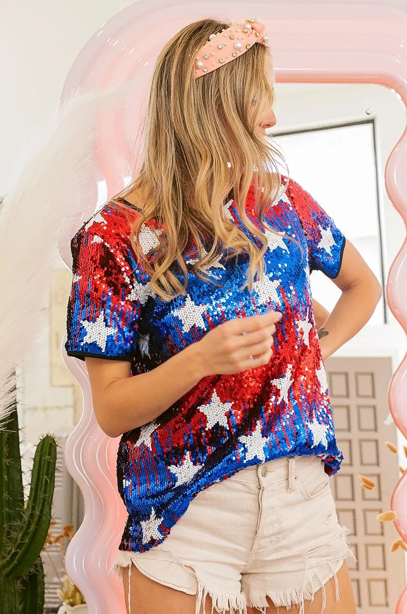 BiBi American Theme Star Pattern Sequin Top OutfitFlow