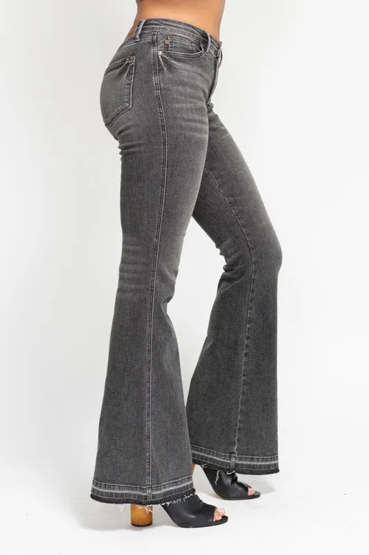 Judy Blue Full Size Mid Rise Tummy Control Washed Gray Release Hem Flare Jeans Plus Size OutfitFlow