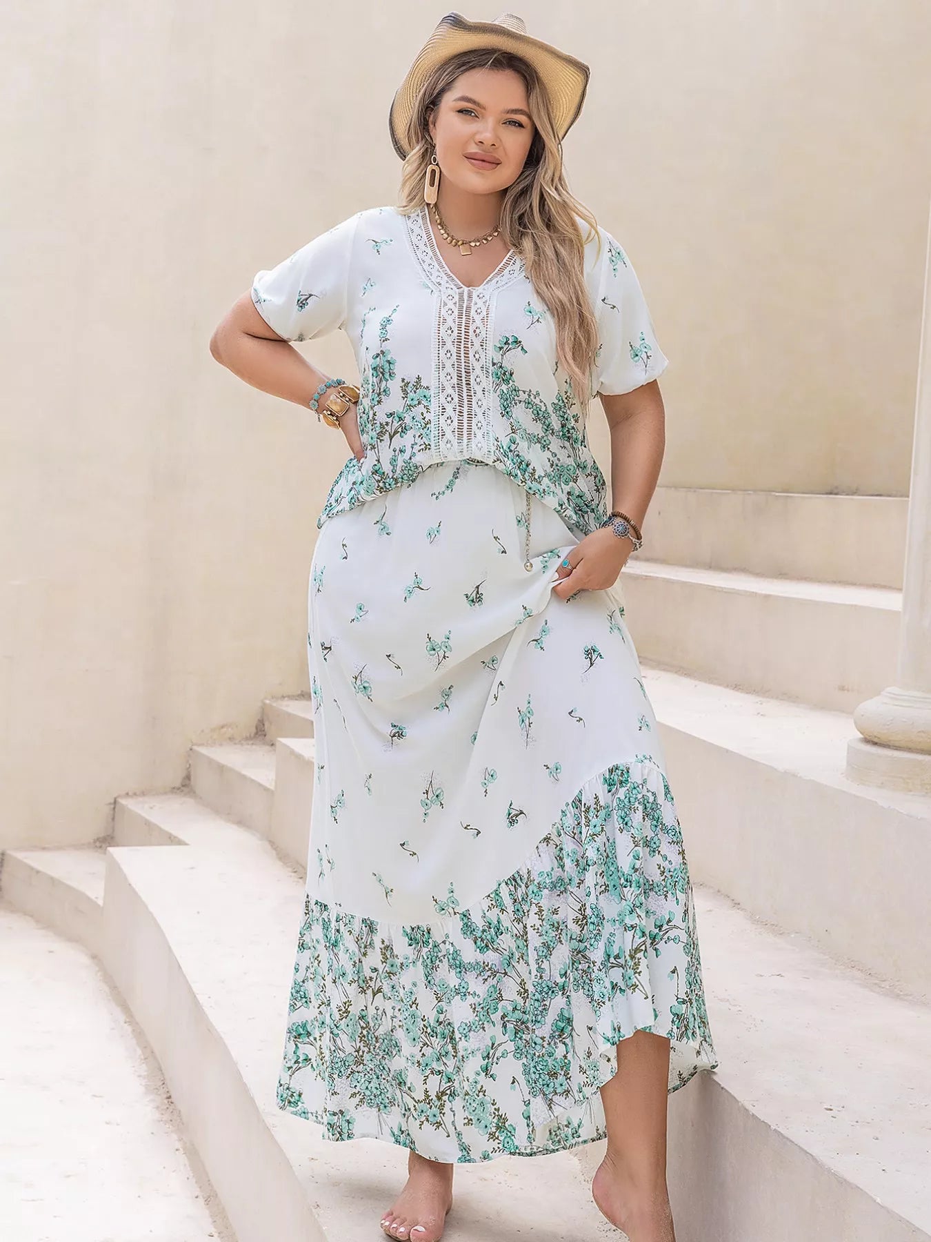 Plus Size Printed Lace Detail Short Sleeve Top and Skirt Set OutfitFlow