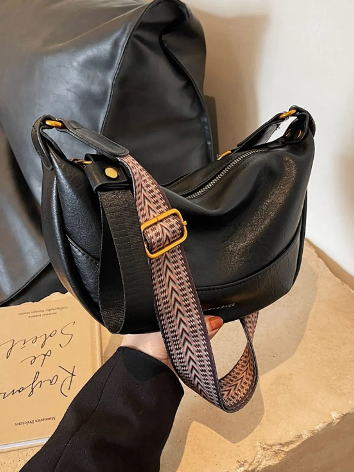 Leather Shoulder Bag with Woven Strap OutfitFlow