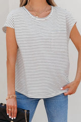 Stripe Cap Sleeve Crew Neck Casual Tee with Chest Pocket OutfitFlow